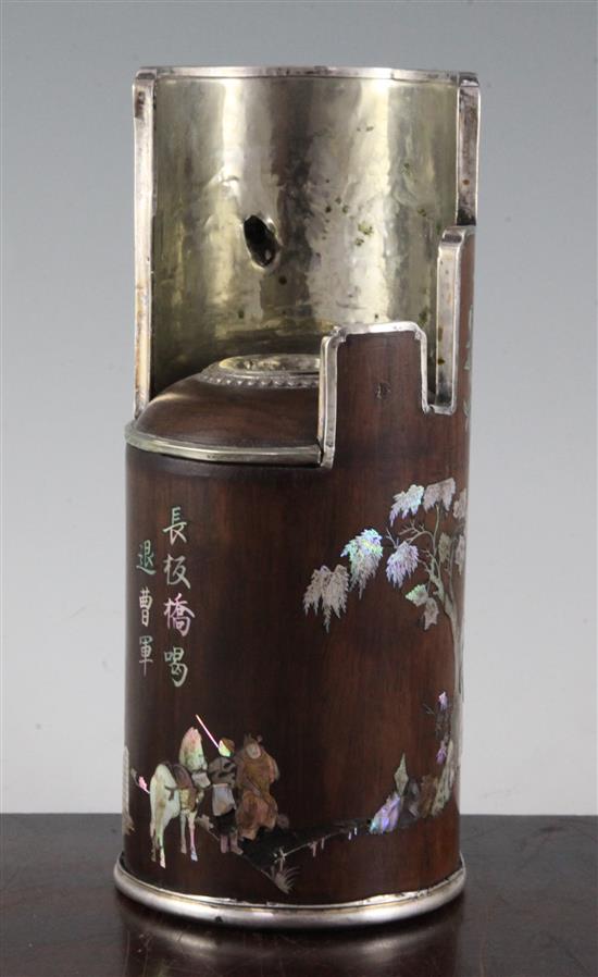 A Chinese rosewood and mother of pearl inlaid pipe holder, 21cm
